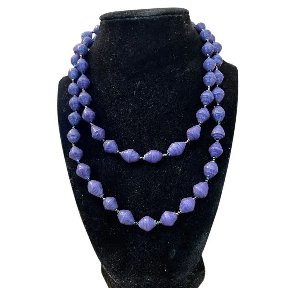 Vintage Purple Rolled Paper Bead Necklace Beaded Double or Single Strand 38 in